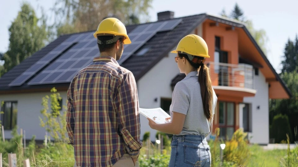 Engineer analyzing roof structure for solar panel installation